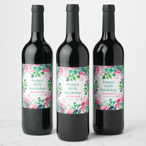 Spring Summer Watercolor Floral 90th Birthday  Wine Label