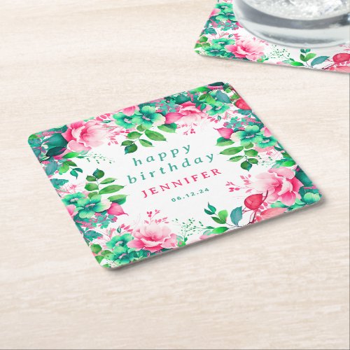 Spring Summer Watercolor Floral Happy Birthday  Square Paper Coaster
