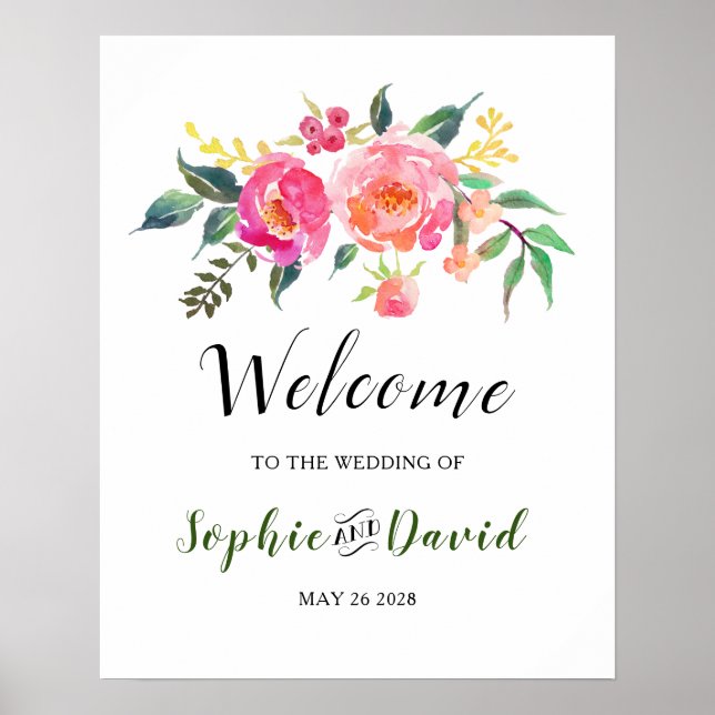Spring Summer Watercolor Floral Wedding Welcome Poster (Front)