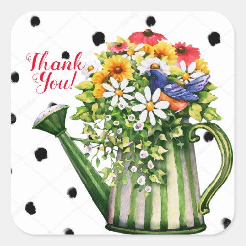 Spring Summer Watering Can Flowers Thank You Square Sticker