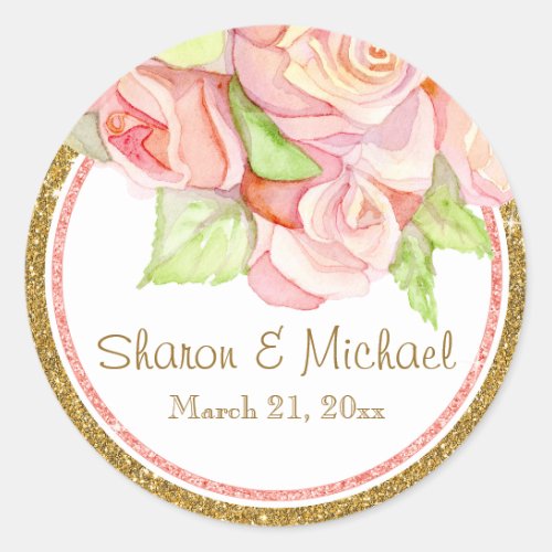 Spring Summer Wedding Watercolor Rose Bouquet Classic Round Sticker