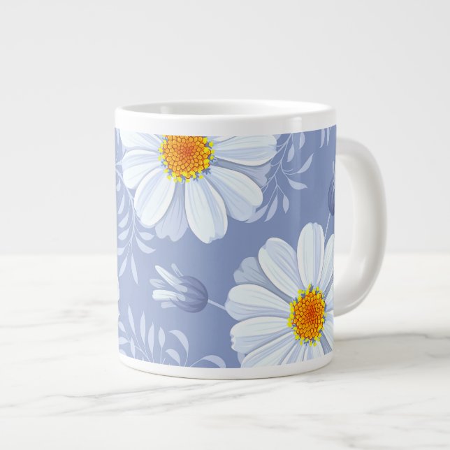 Spring Summer White Flower Blue Pattern Giant Coffee Mug (Front Right)