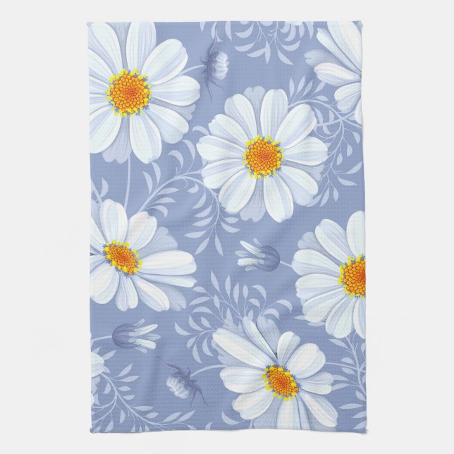 Spring Summer White Flower Blue Pattern Kitchen Towel (Vertical)