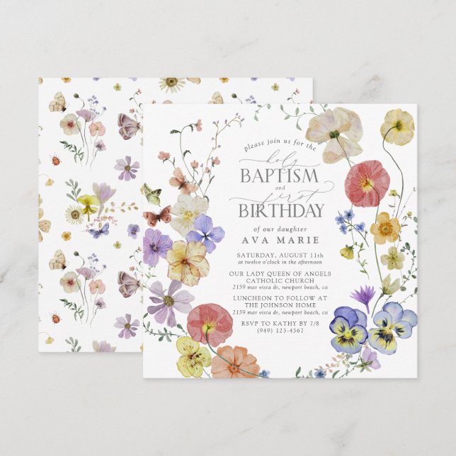 Spring Summer Wildflower Baptism 1st Birthday Invitation (Front/Back)