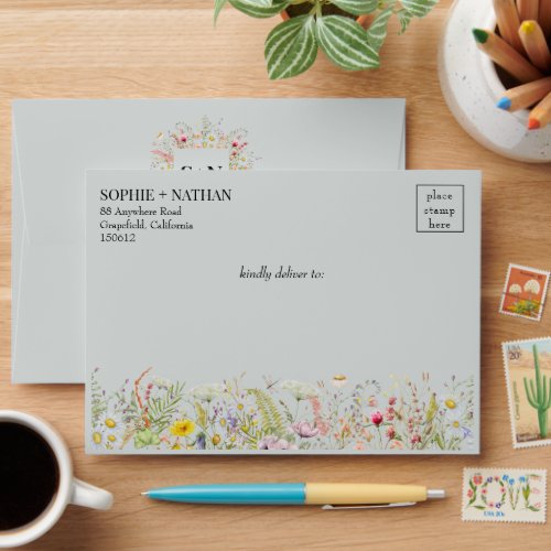 Spring Summer Wildflower Boho Blush Blue Wedding Envelope