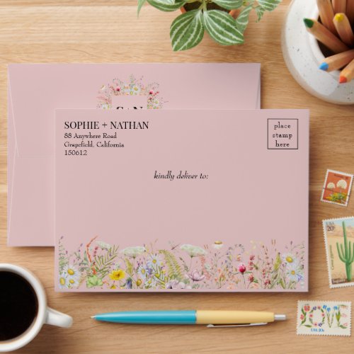 Spring Summer Wildflower Boho Blush Pink Wedding Envelope