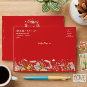 Spring Summer Wildflower Boho Fiery Red Wedding Envelope