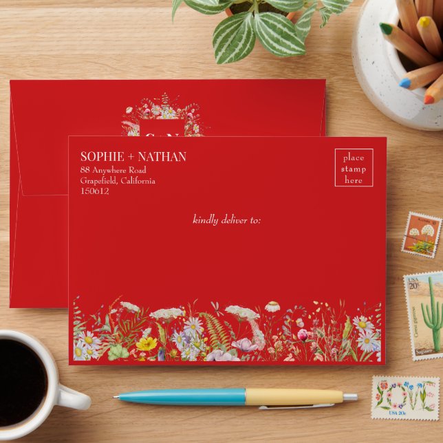 Spring Summer Wildflower Boho Fiery Red Wedding Envelope (Desk)