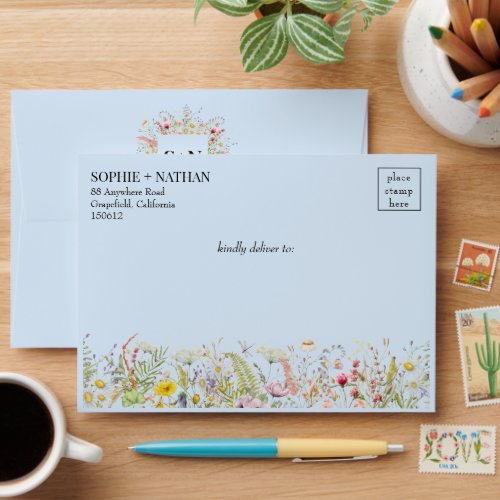 Spring Summer Wildflower Boho Light Blue Wedding Envelope