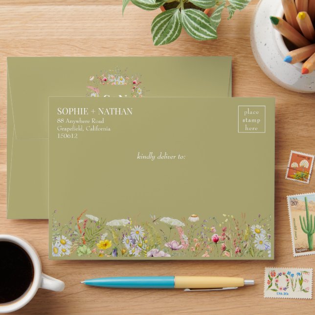 Spring Summer Wildflower Boho Sage Green Wedding E Envelope (Desk)