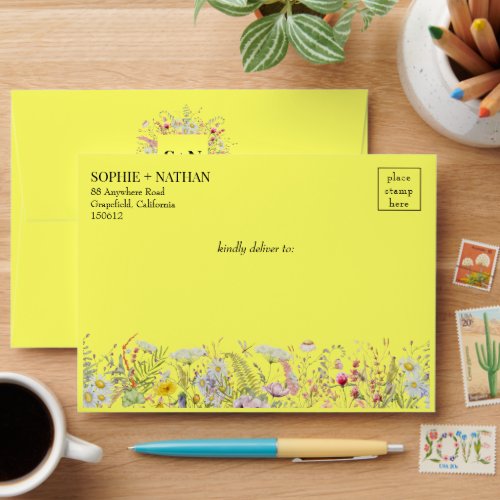 Spring Summer Wildflower Boho Yellow Wedding Envelope