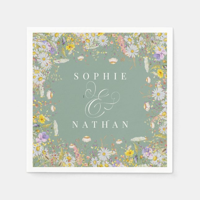 Spring Summer Wildflower Sage Green Boho Napkins (Front)