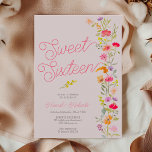 Spring summer wildflowers floral Sweet 16 pink Invitation<br><div class="desc">Spring Summer pretty wildflowers floral Sweet 16 birthday party featuring pretty hand painted vibrant and bright orange,  pink and yellow flowers watercolor illustration with a modern elegant script font ,  with bohemian greenery foliage. Perfect for Spring,  summer outdoors garden party Sweet sixteen birthdays on pastel blush pink background.</div>