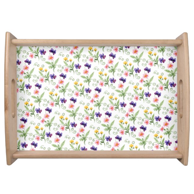Spring Summer Yellow Pink Purple Flower Watercolor Serving Tray (Front)