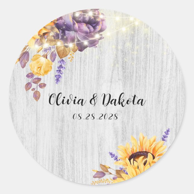 Spring Sunflower and Purple Peony Wedding Classic  Classic Round Sticker (Front)