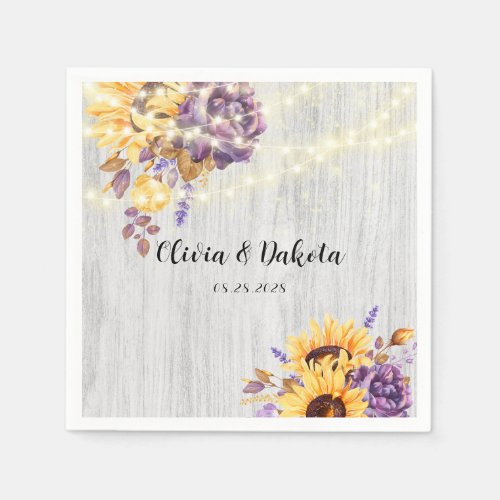 Spring Sunflower and Purple Peony Wedding Napkins