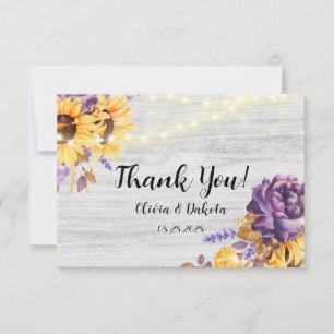 Spring Sunflower and Purple Peony Wedding Thank You Card