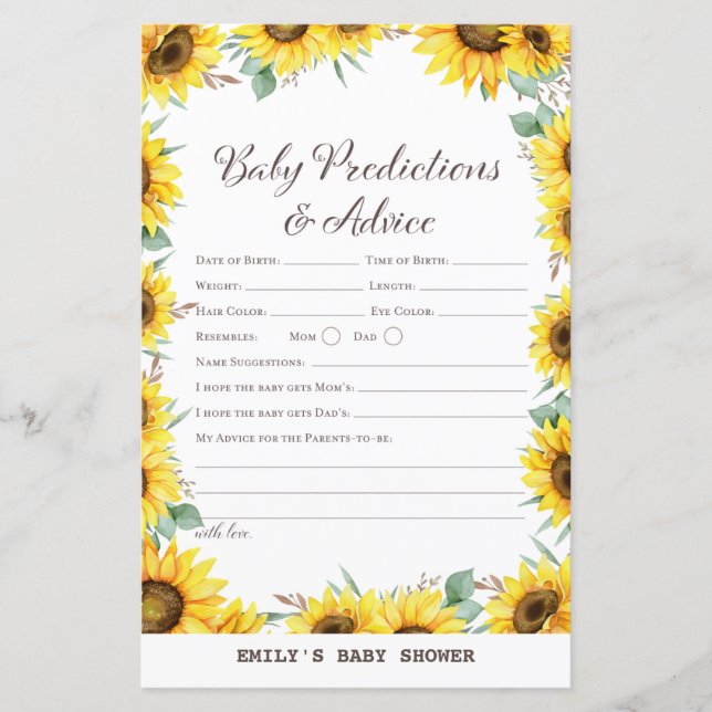 Spring Sunflower Baby Shower Game PRINTED (Front)