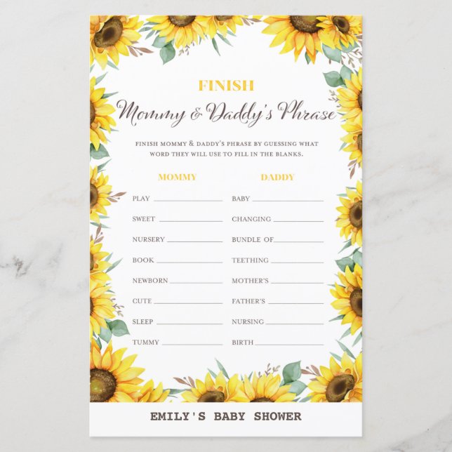 Spring Sunflower Baby Shower Game PRINTED (Front)
