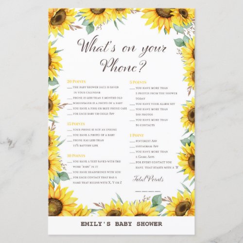 Spring Sunflower Baby Shower Game PRINTED