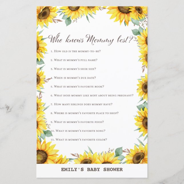 Spring Sunflower Baby Shower Game PRINTED (Front)