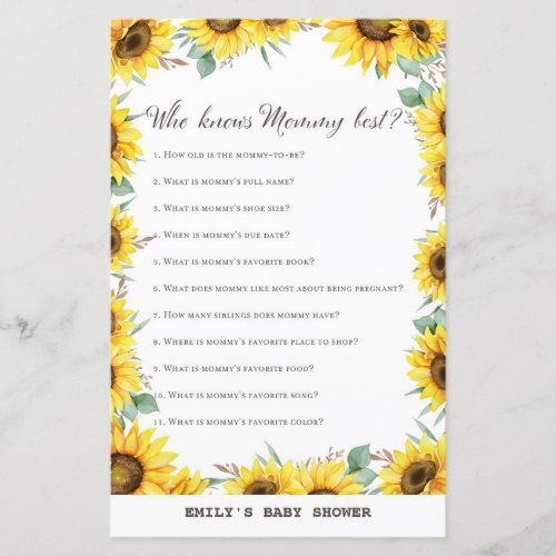 Spring Sunflower Baby Shower Game PRINTED