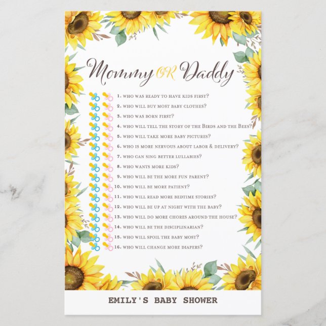 Spring Sunflower Baby Shower Game PRINTED (Front)