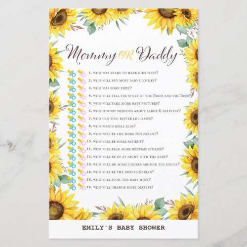 Spring Sunflower Baby Shower Game PRINTED