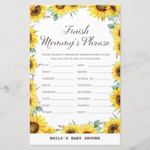 Spring Sunflower Baby Shower Game PRINTED