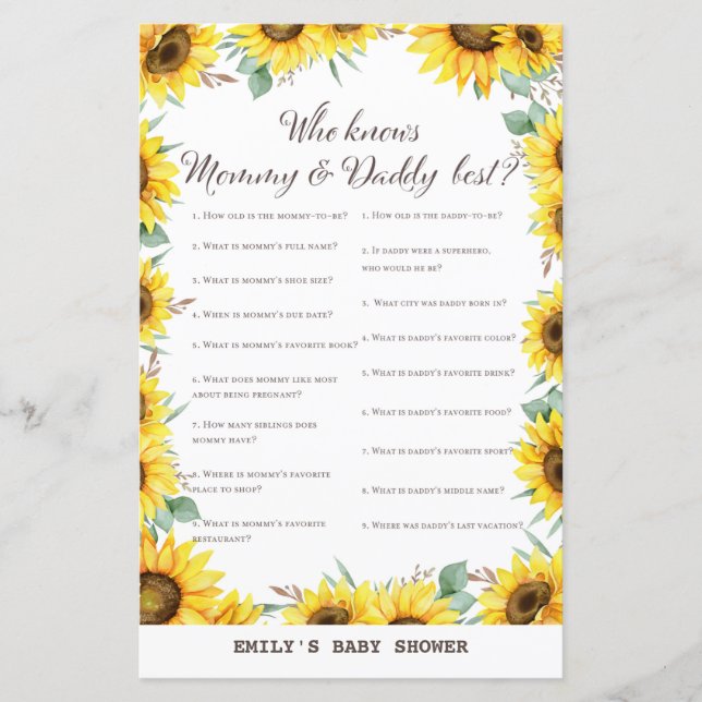 Spring Sunflower Baby Shower Game PRINTED (Front)