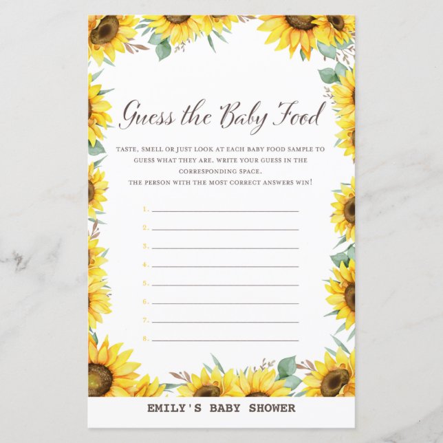 Spring Sunflower Baby Shower Game PRINTED (Front)