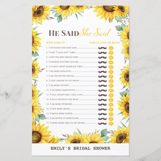Spring Sunflower Bridal Shower Game PRINTED (Front)