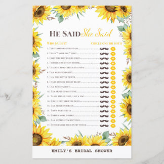 Spring Sunflower Bridal Shower Game PRINTED