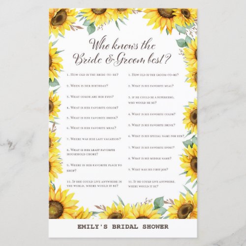 Spring Sunflower Bridal Shower Game PRINTED