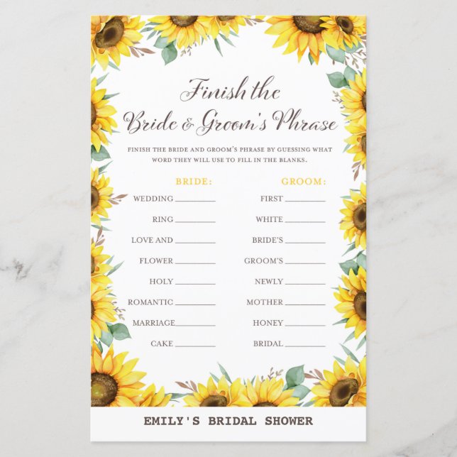 Spring Sunflower Bridal Shower Game PRINTED (Front)
