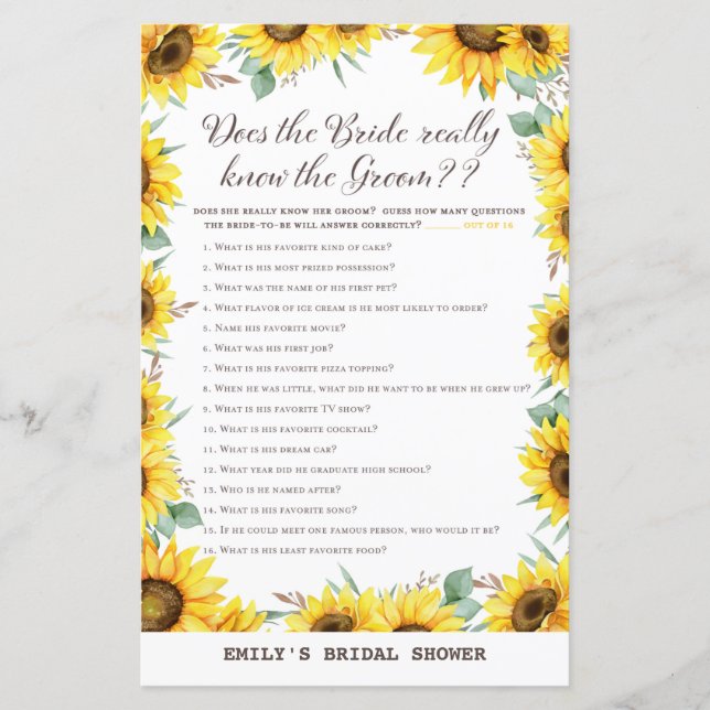 Spring Sunflower Bridal Shower Game PRINTED (Front)
