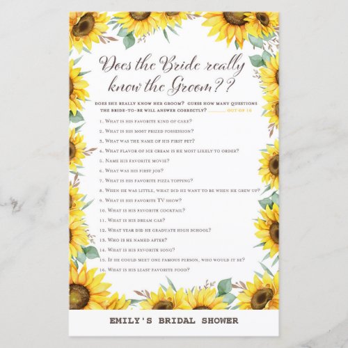 Spring Sunflower Bridal Shower Game PRINTED