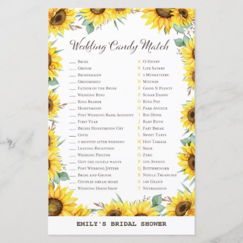 Spring Sunflower Bridal Shower Game PRINTED