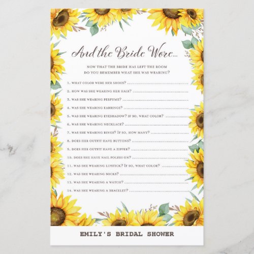 Spring Sunflower Bridal Shower Game PRINTED