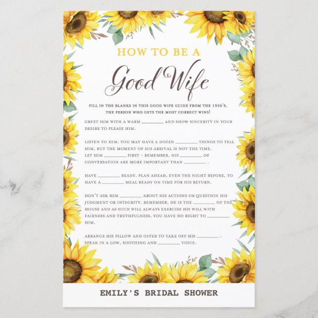 Spring Sunflower Bridal Shower Game PRINTED (Front)