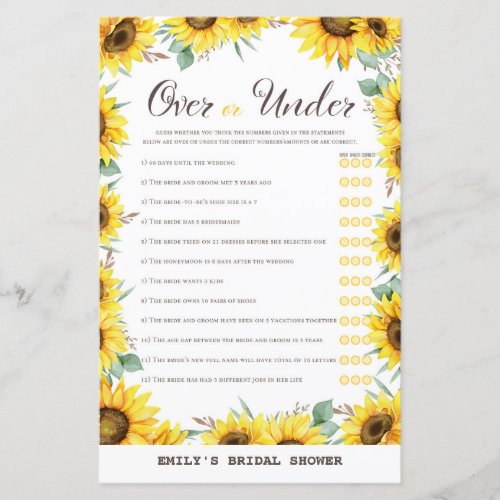 Spring Sunflower Bridal Shower Game PRINTED