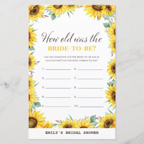 Spring Sunflower Bridal Shower Game PRINTED