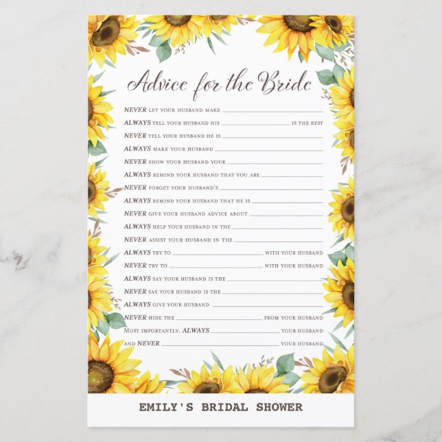 Spring Sunflower Bridal Shower Game PRINTED (Front)