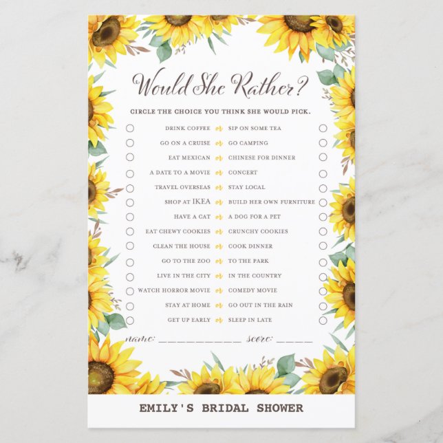 Spring Sunflower Bridal Shower Game PRINTED (Front)