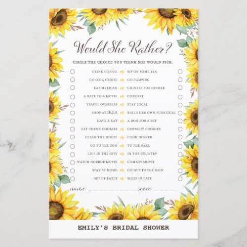 Spring Sunflower Bridal Shower Game PRINTED