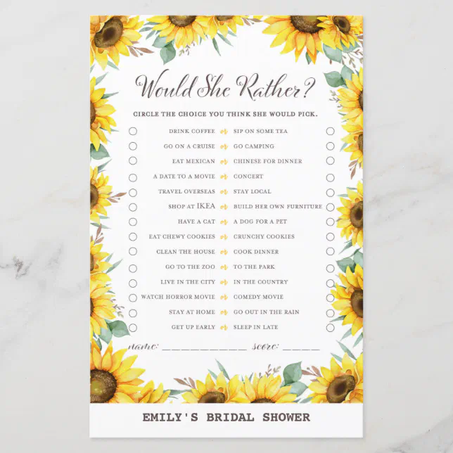 Spring Sunflower Bridal Shower Game PRINTED | Zazzle