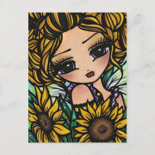 Spring Sunflower Bumblebee Fairy Fantasy Art Girl Postcard