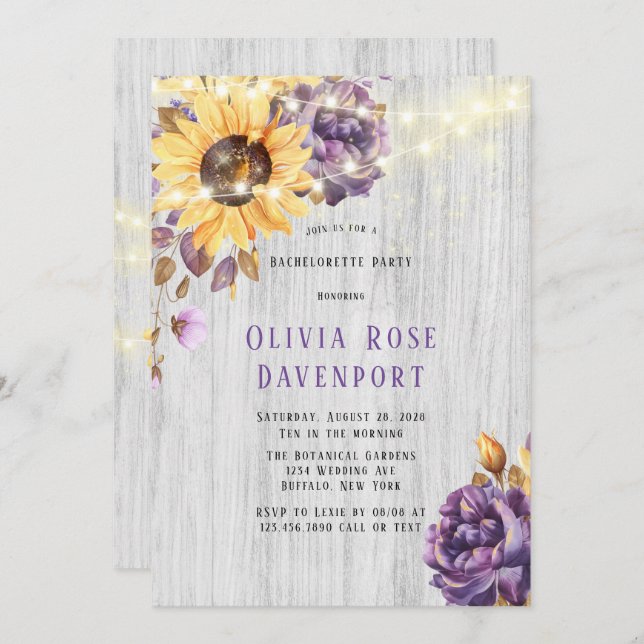 Spring Sunflower Purple Peony Bachelorette Party Invitation (Front/Back)