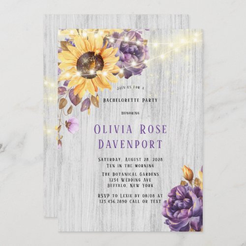 Spring Sunflower Purple Peony Bachelorette Party Invitation