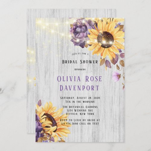 Spring Sunflower Purple Peony Bridal Shower Invitation